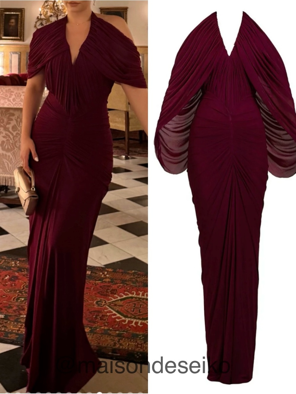 NWT Deme by Gabriella Maxi Dress Burgundy Maroon Red Draped Kimberly Gown size S